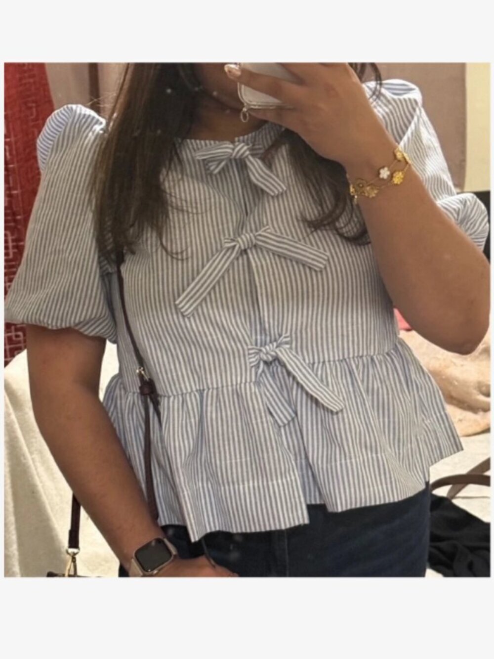 Women's Short Puff Sleeve Striped tie front blouse
